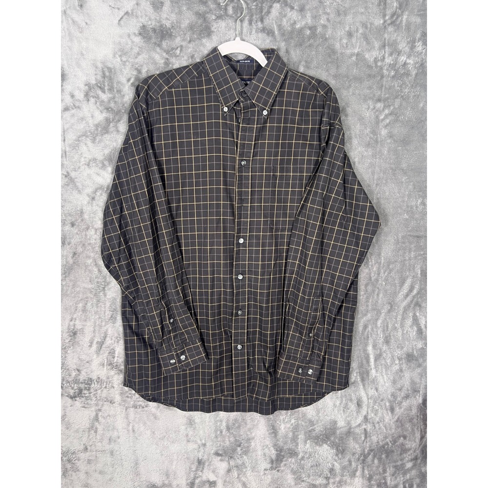 Hathaway Mens Non-Iron Button Down Shirt Large Charcoal Tan Grid Long Sleeve L